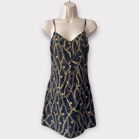 Vintage Intimissimi Silk Slip, Size S US/ 38 EU, Black Gold Chain Print - Picture 1 of 8
